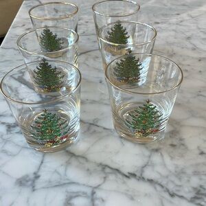 Vintagee spode christmas tree glasses. Approx 3-1/4x3-1/4” set of six.